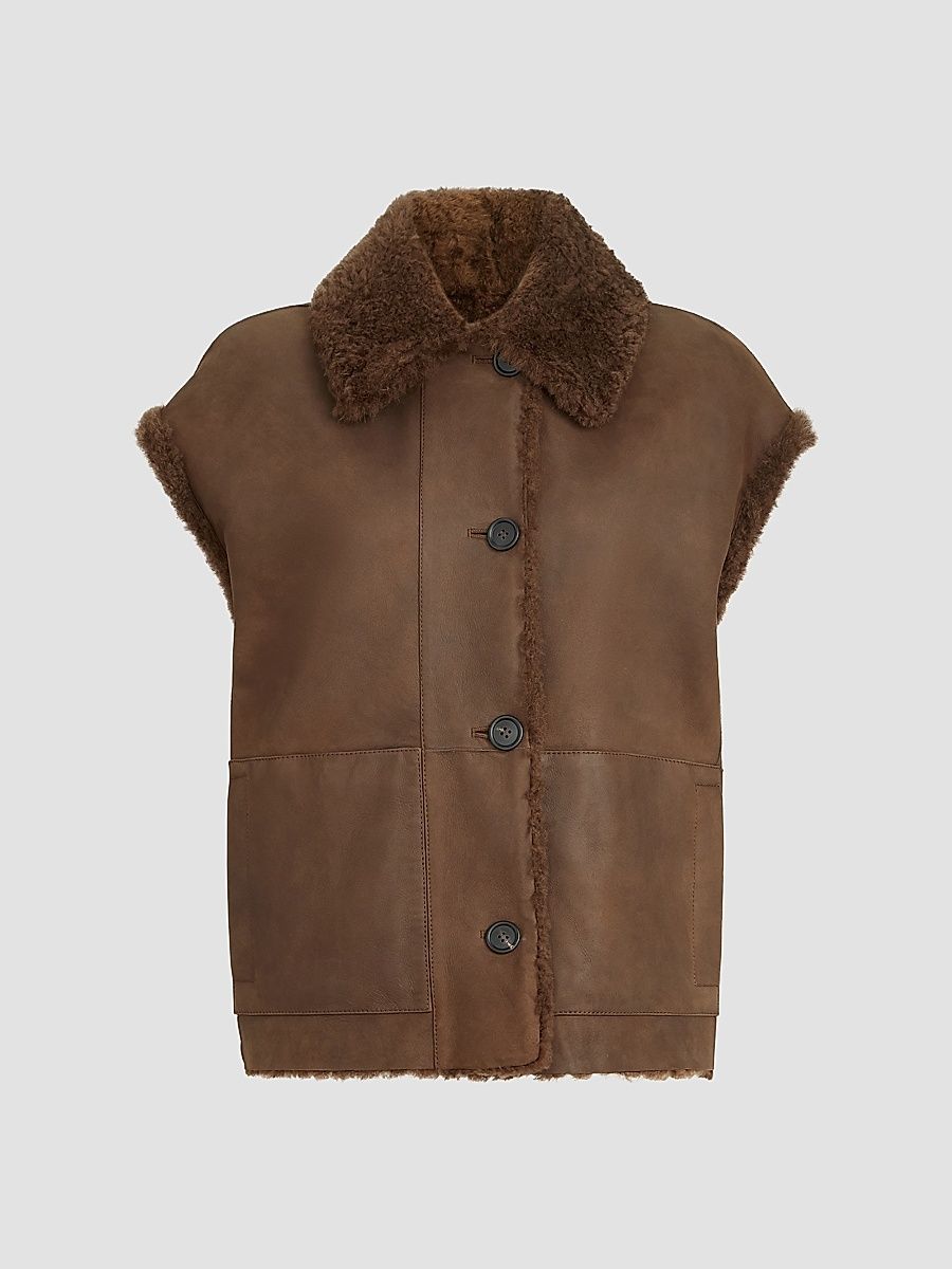 Women's Fuzzy Shearling Reversible Vest with Monili - Chocolate - Size 4