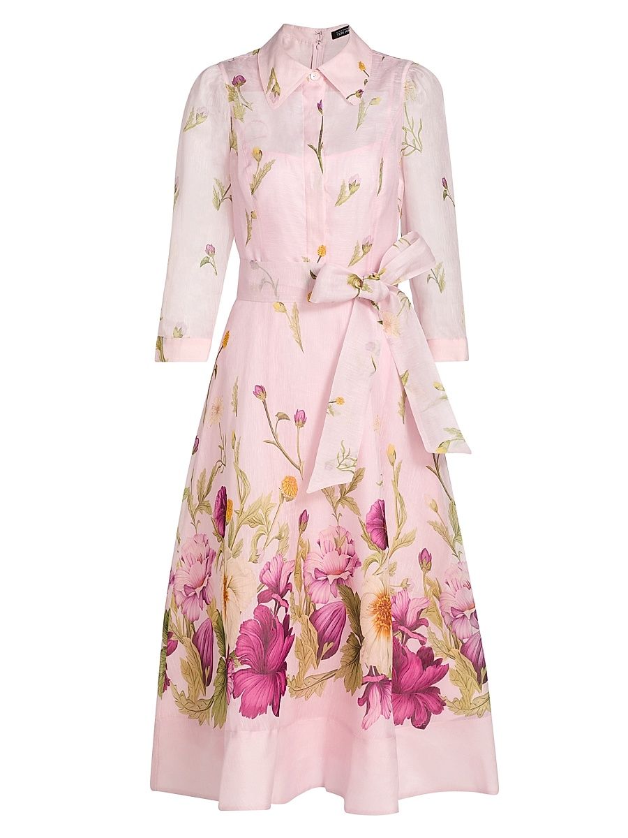 Women's Floral Silk-Linen Shirtwaist Dress - Pink Multi - Size 18