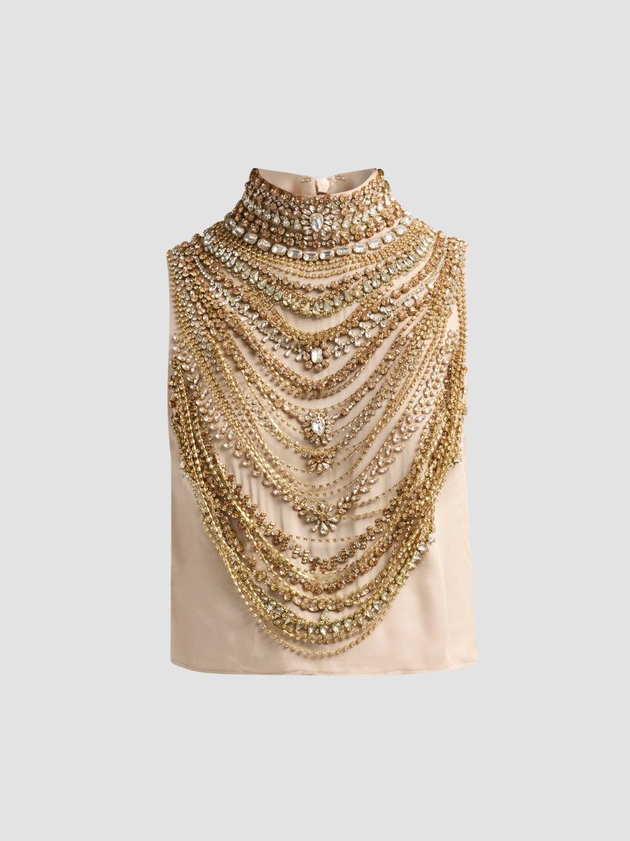 L'AGENCE Women's Yun Draped Crystal Tank - Almond Multi Crystal - Size Large