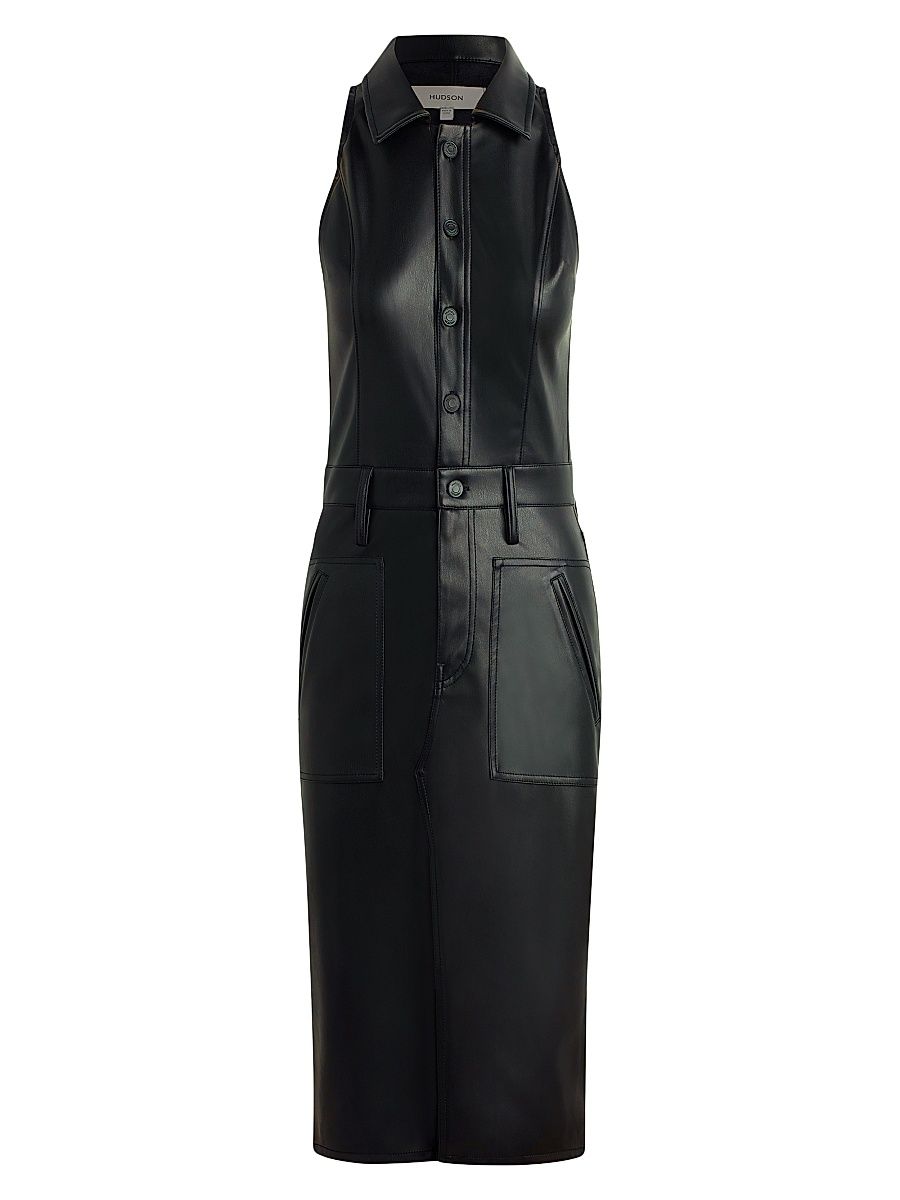 Women's Vegan Leather Halter Utility Midi-Dress - Black - Size XS