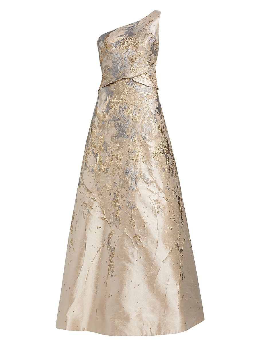 Women's Floral Metallic Brocade One-Shoulder Gown - Gold - Size 16