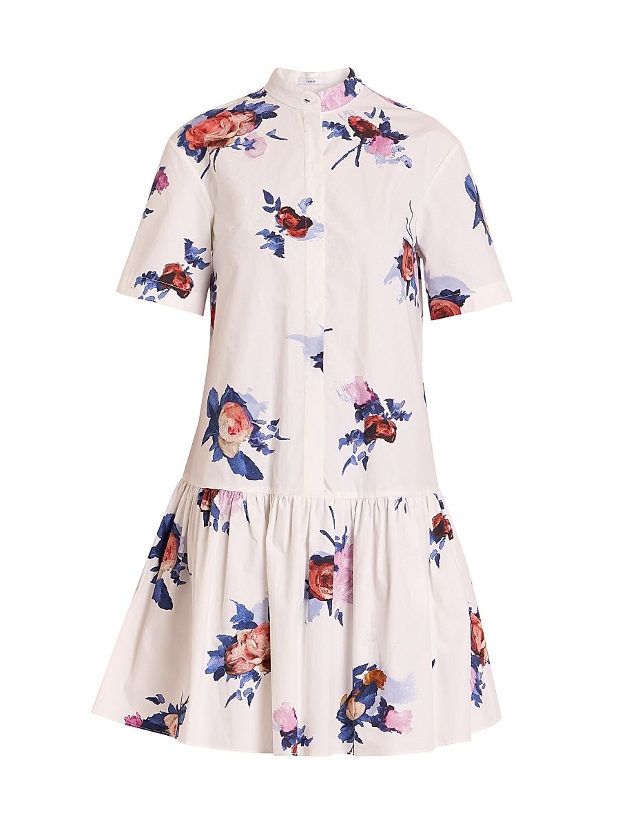 Women's Floral Drop Waist Shirtdress - Painted Rose Bouquet White - Size 10