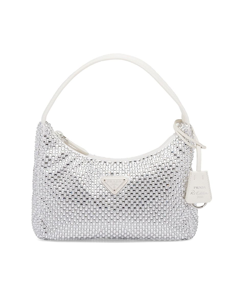 Women's Satin Mini Bag with Artificial Crystals - Silver White