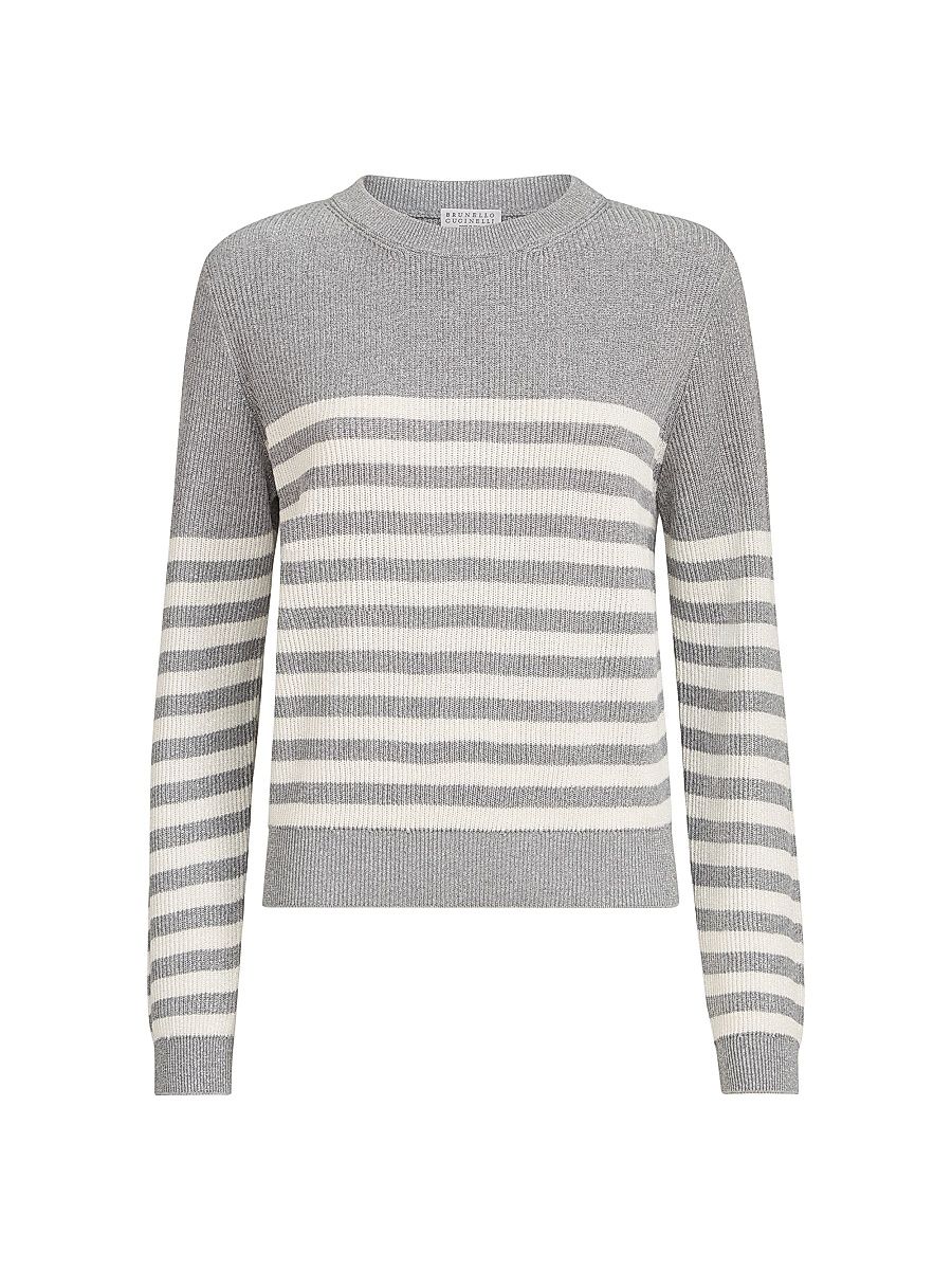 Women's Sparkling Cotton Striped English Rib Sweater - Silver - Size XXXL