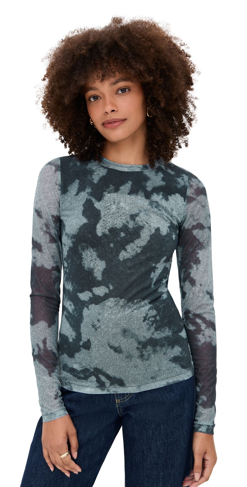 rag & bone Yana Printed Mesh Long Sleeve Tee Silver Multi XS