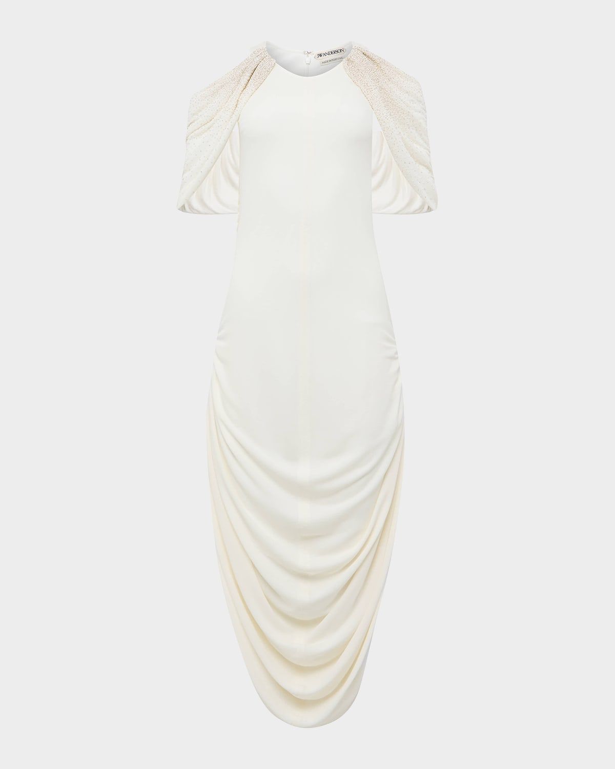 Beaded-Sleeve Draped Midi Dress