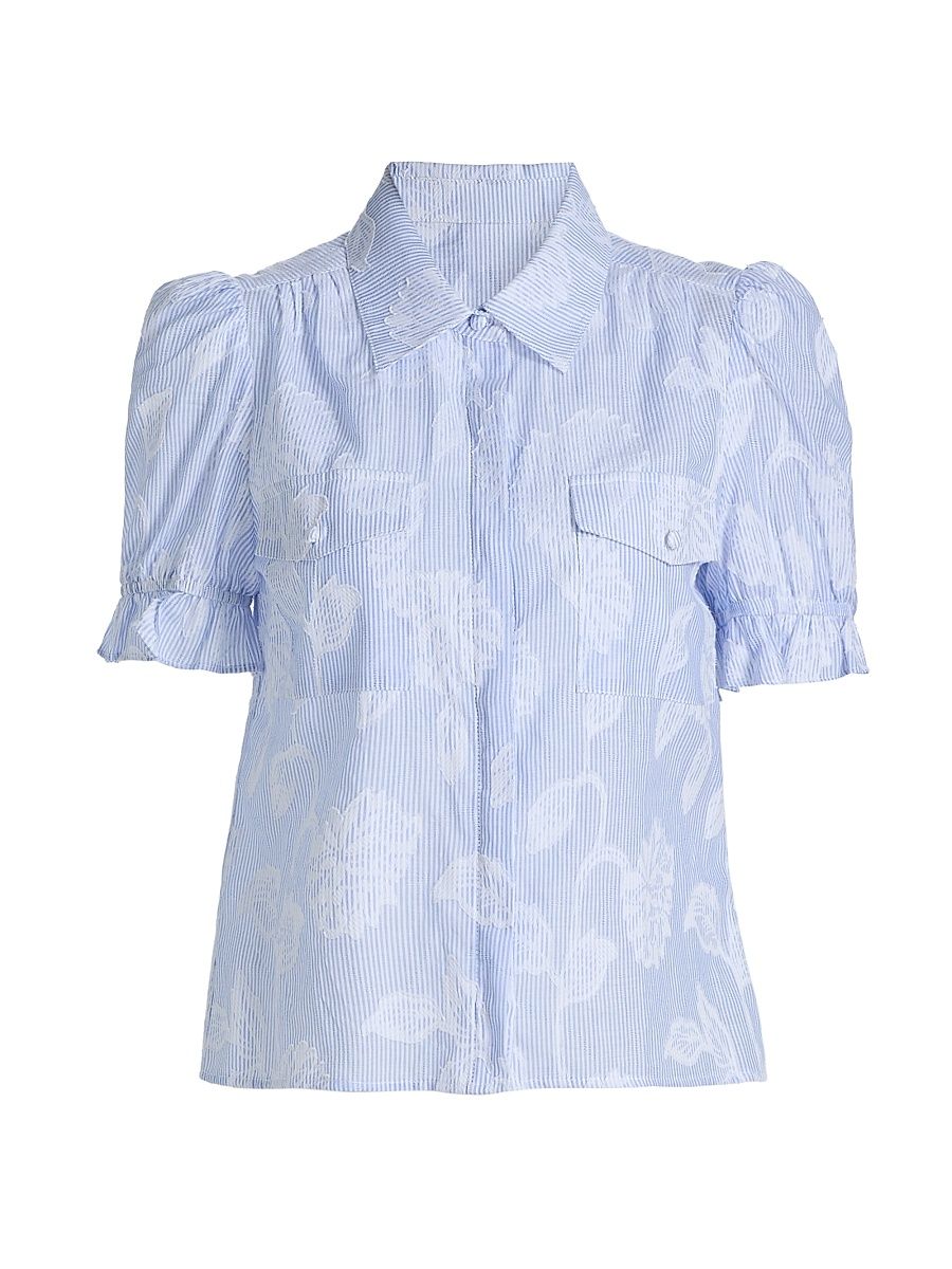Women's Mina Floral-Stripe Cotton Shirt - Light Blue White - Size Large