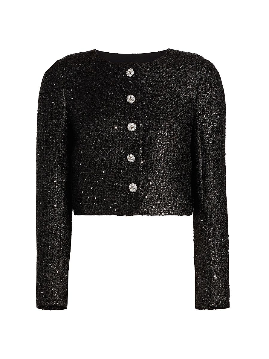 Women's Sequined Tweed Crop Jacket - Black - Size 12