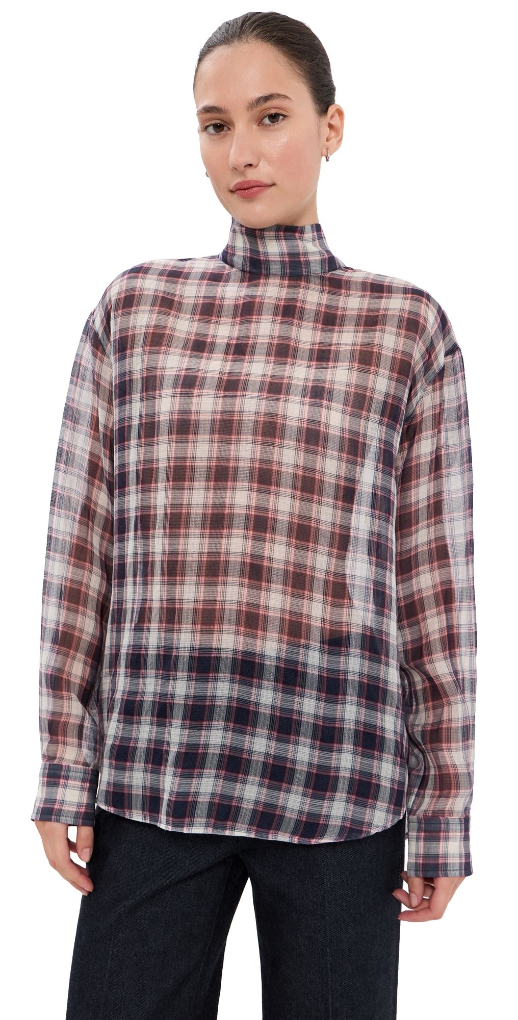 Tibi Silk Cotton Plaid Funnel Neck Shirt Black/Red Multi XXS