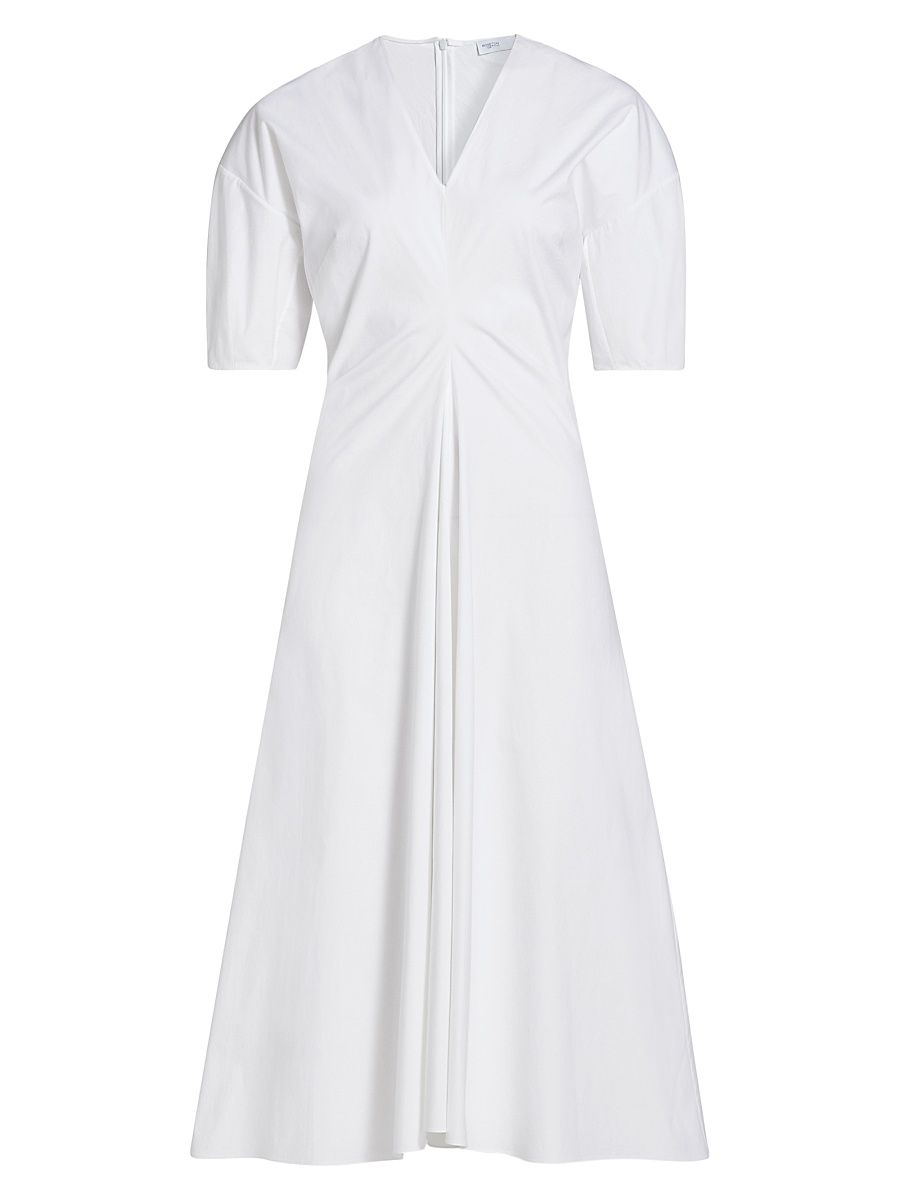 Women's Ruched Stretch-Cotton V-Neck Midi-Dress - White - Size Large