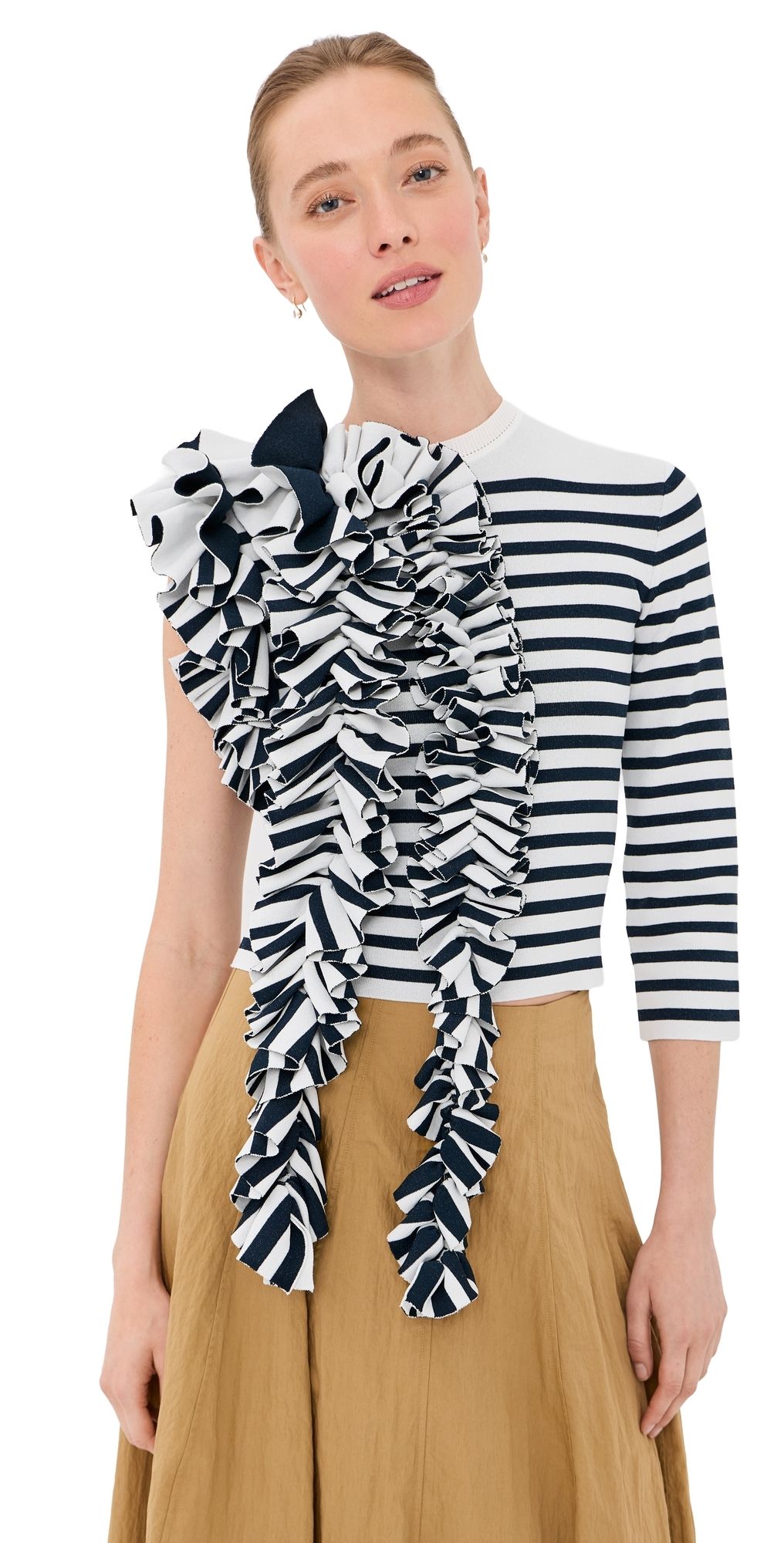 A. W.A. K.E. MODE Fitted Knit Top with Ruffles White/Navy Striped L