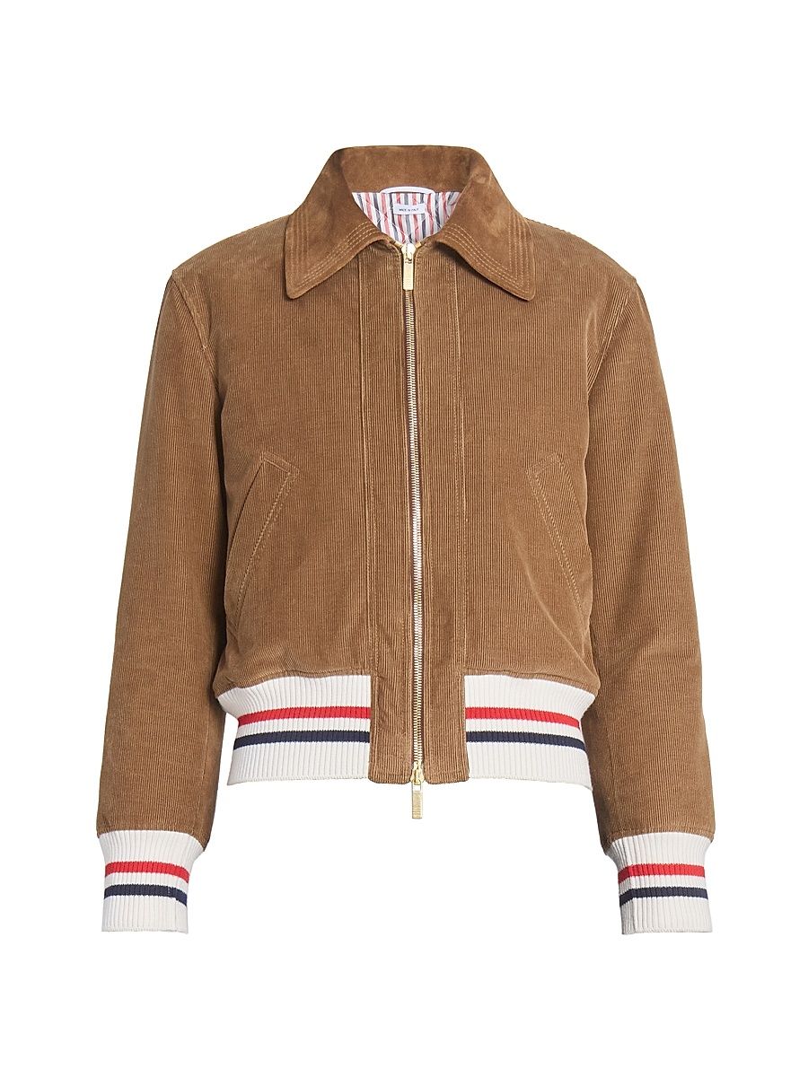 Women's Contrast-Striped Hem Corduroy Crop Jacket - Brown - Size 10