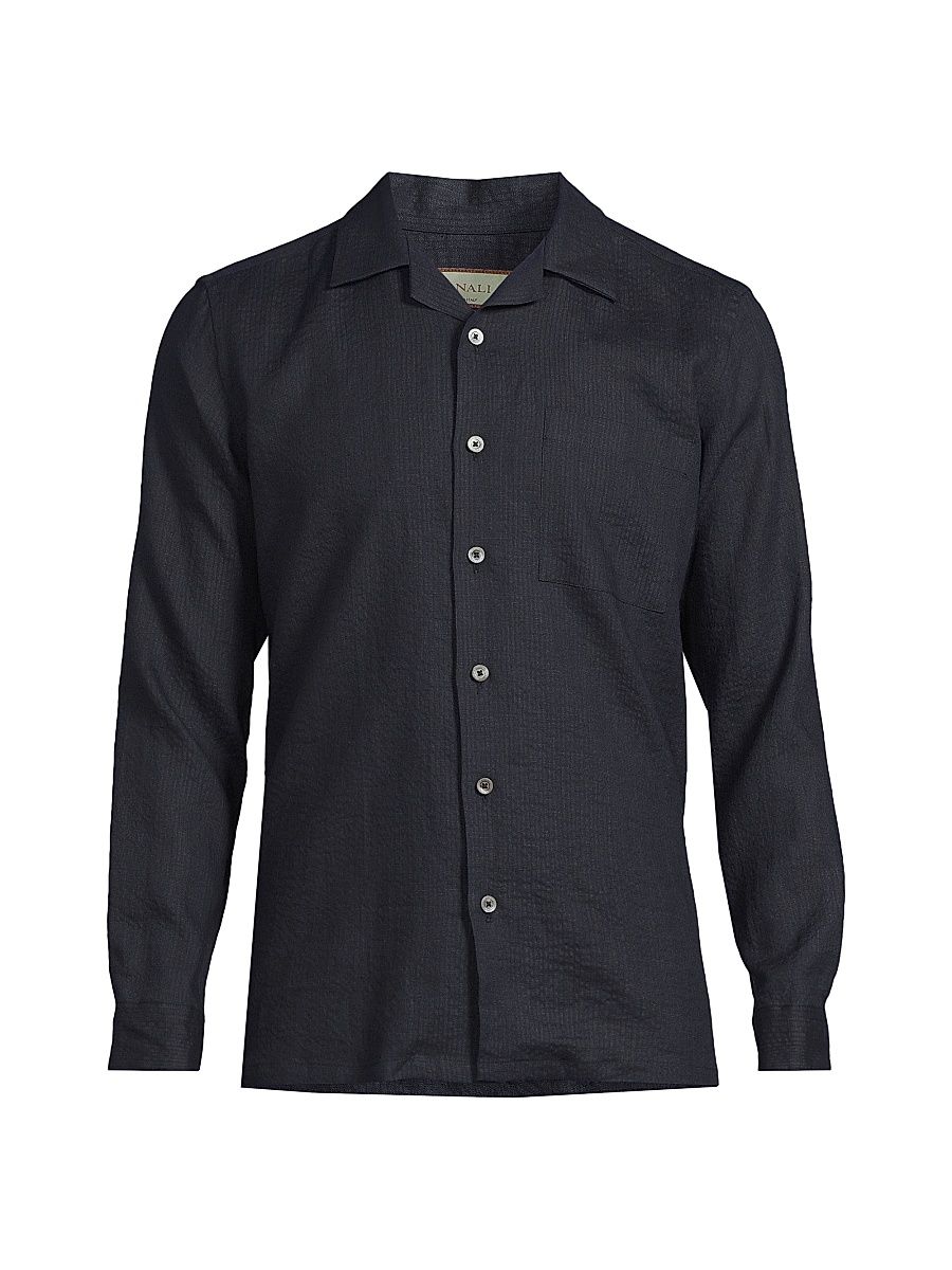 Men's Linen Seersucker Button-Front Shirt - Navy - Size Medium
