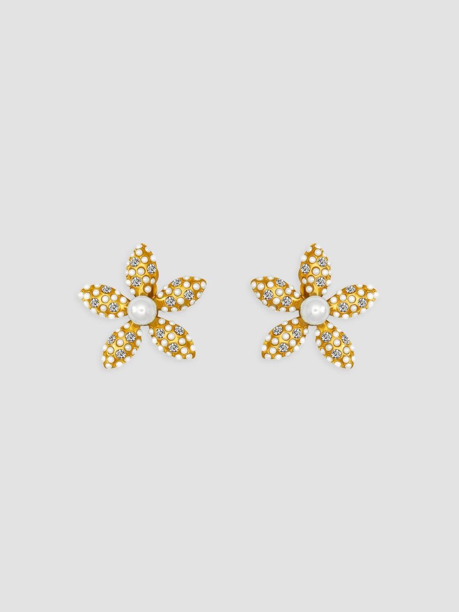 Oscar de la Renta Women's 24K-Gold-Plated, Imitation Pearl & Crystal Flower Earrings - Pearl