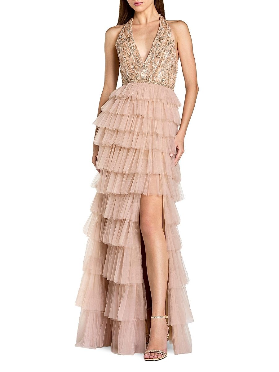 Women's Mac Duggal Beaded Tulle Ruffle Column Gown - Beige - Size 12