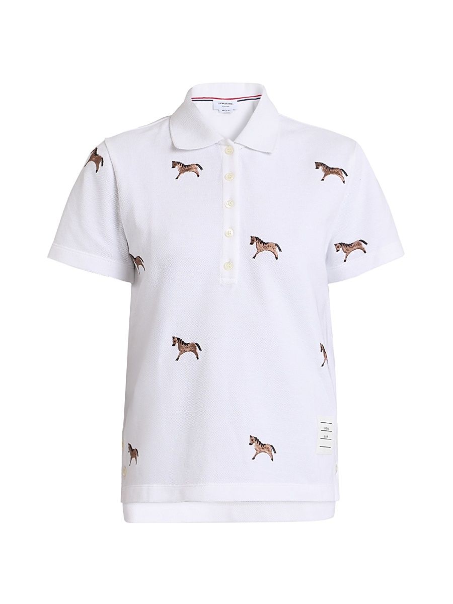 Women's Horse-Embroidered Cotton Piqué Polo Shirt - White - Size 10