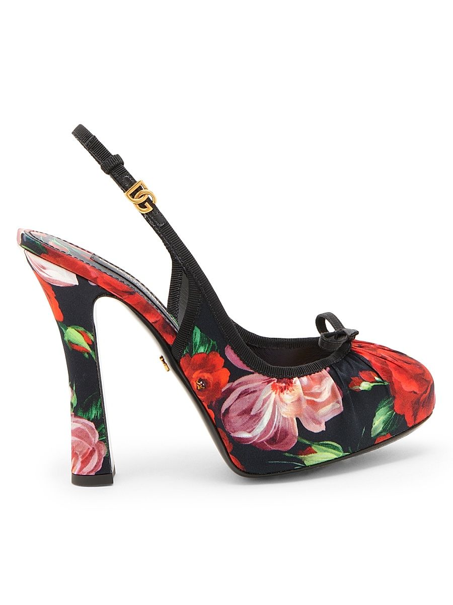 Women's 125MM Floral Satin Platform Slingback Pumps - Black Rose Multi - Size 6.5