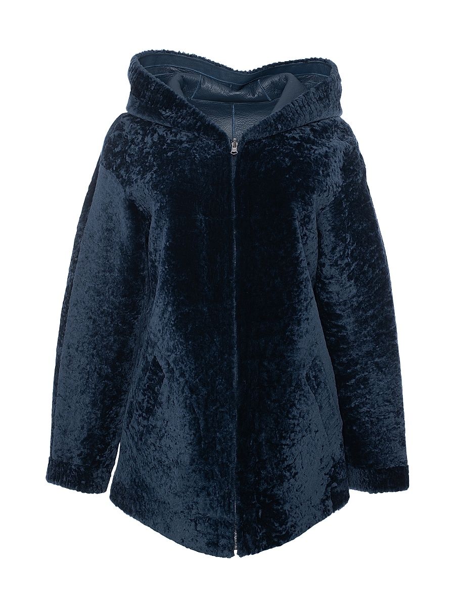 Women's Textured Reversible Shearling Lamb Zip Parka - Navy - Size Medium