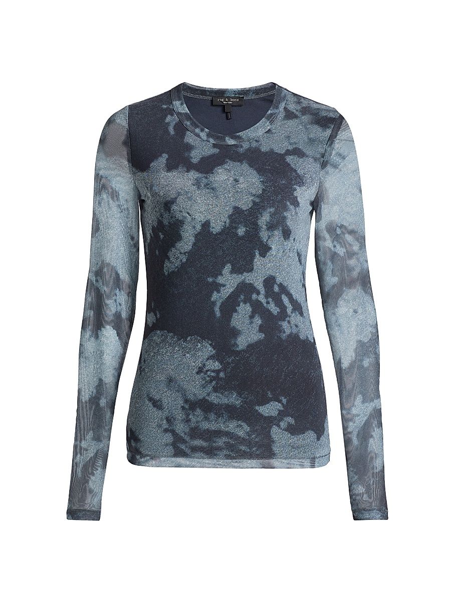 Women's Yana Printed Mesh Long-Sleeve Top - Silver Multi - Size Small