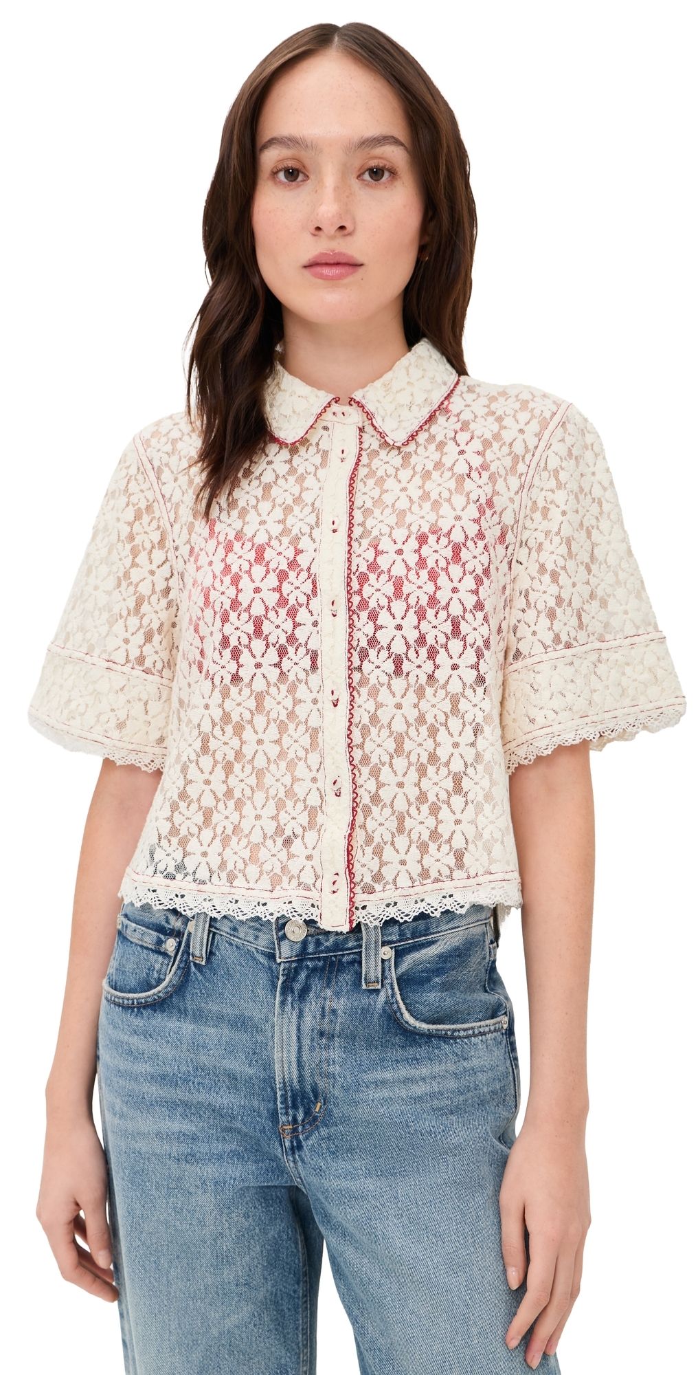Free People Mannie Lace Button Down Whisper White M