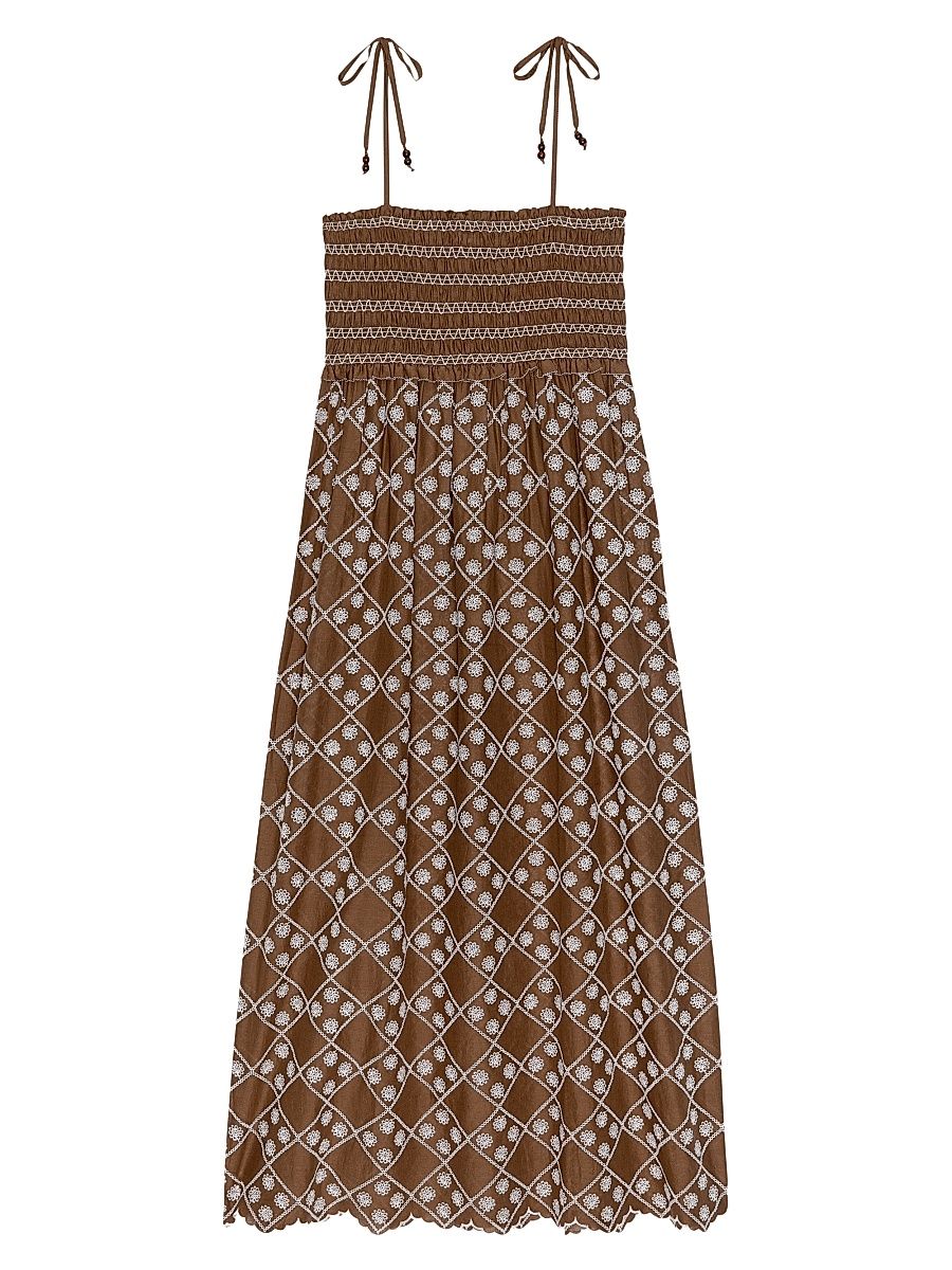 Women's Becca Eyelet Cotton Midi-Dress - Cocoa Daisy Embroidery - Size XS