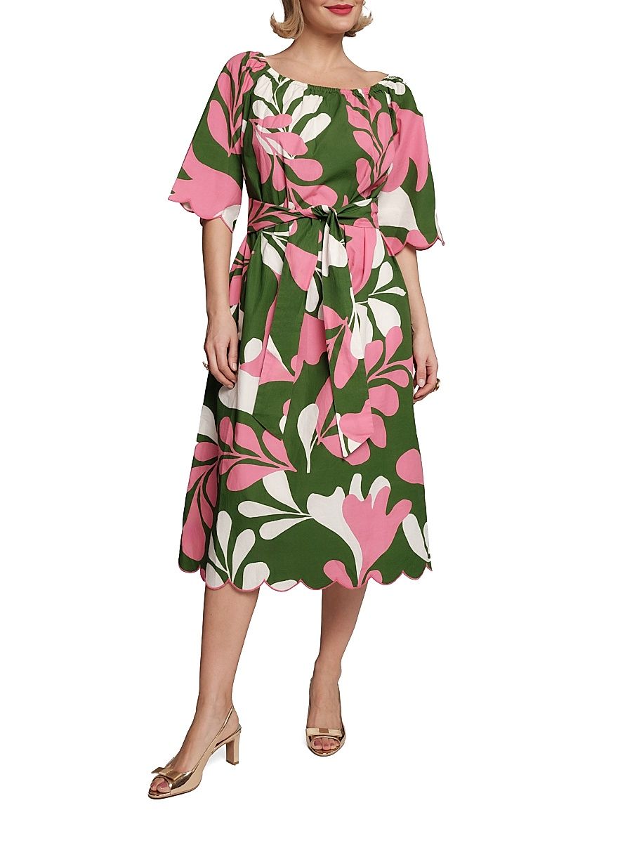 Women's Coco Palm-Print Cotton A-Line Midi-Dress - Treetop Multi - Size XL