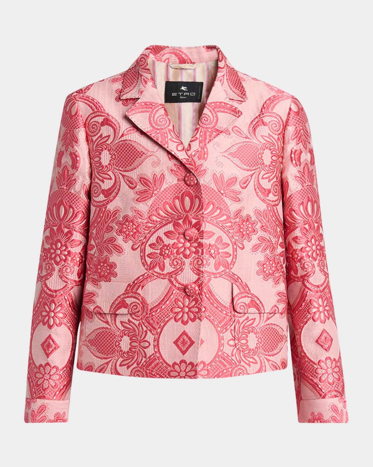 Pink Medallion Lace Effect Brocade Crop Jacket