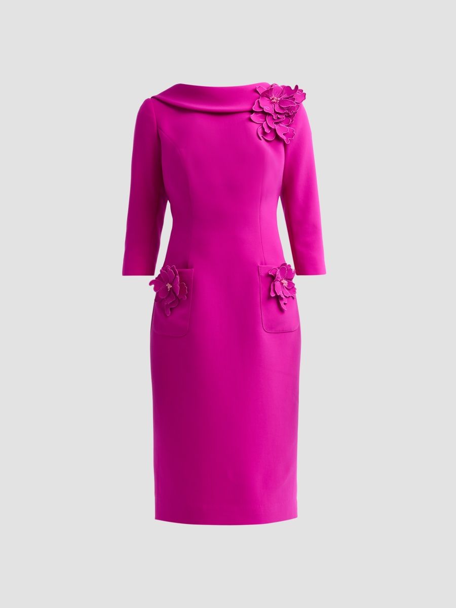 Teri Jon by Rickie Freeman Women's Crépe Flower Appliqué Cocktail Dress - Magenta - Size 16