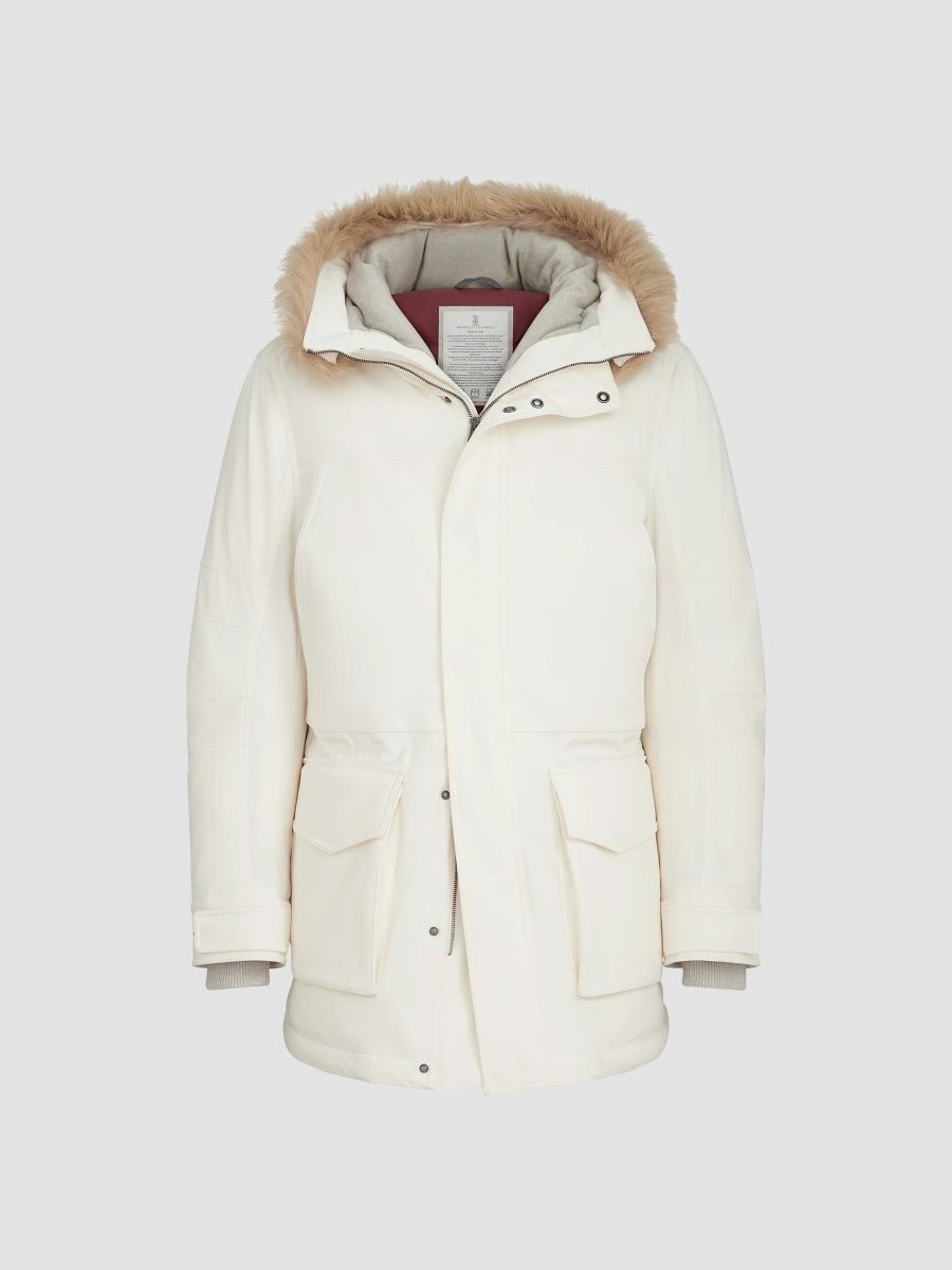 Brunello Cucinelli Men's Stretch Bonded Nylon Parka Jacket with Thermore Padding - Off White - Size 40