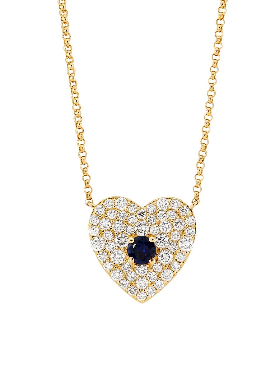 Women's 14K Yellow Gold, 0.5 TCW Diamond & Blue Sapphire Heart Pendant Necklace - Yellow Gold
