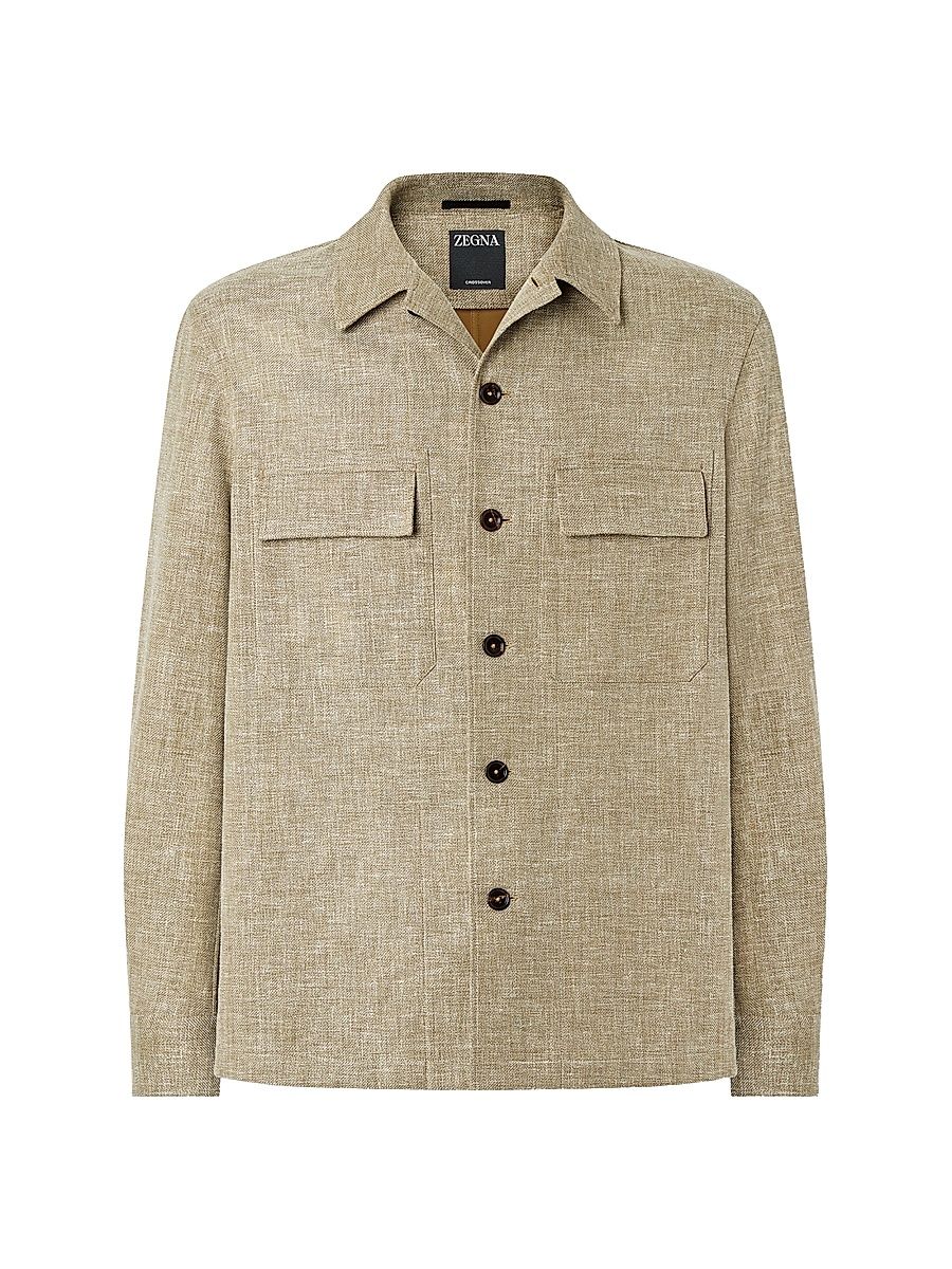 Men's Crossover Linen Wool and Silk Blend Overshirt - Olive Green - Size XXXL