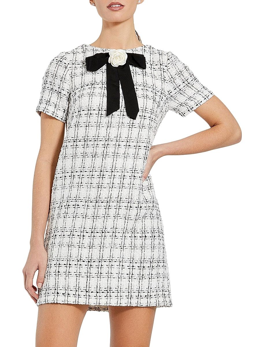 Women's Short Sleeve High Neck Bouclé Minidress With Bow - Ivory - Size XL