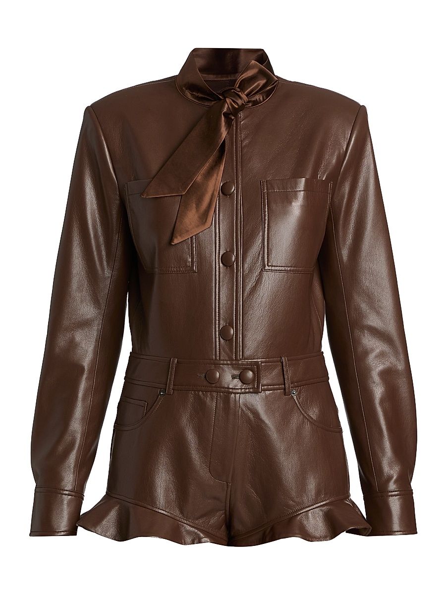 Women's Faux Leather Ruffle Playsuit - Brown - Size 12