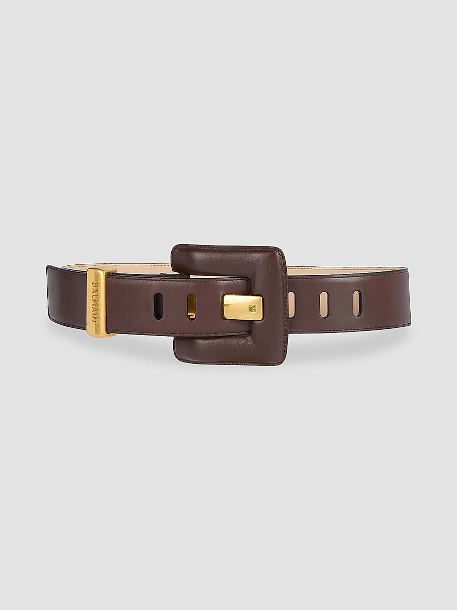 Balmain Women's Logo Leather Belt - Marron Fonce - Size Medium