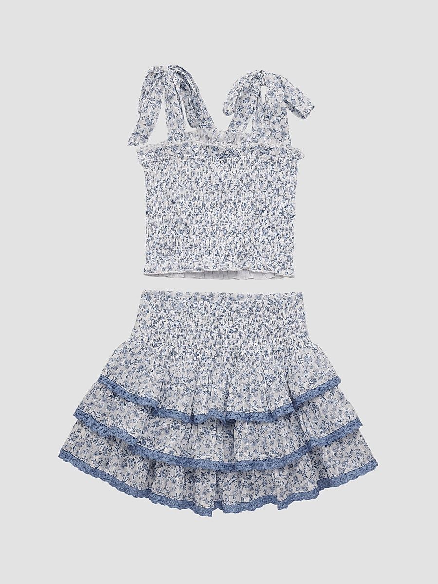Girl's Floral Cotton Top & Skirt Set - Baby Blue White - Size 14