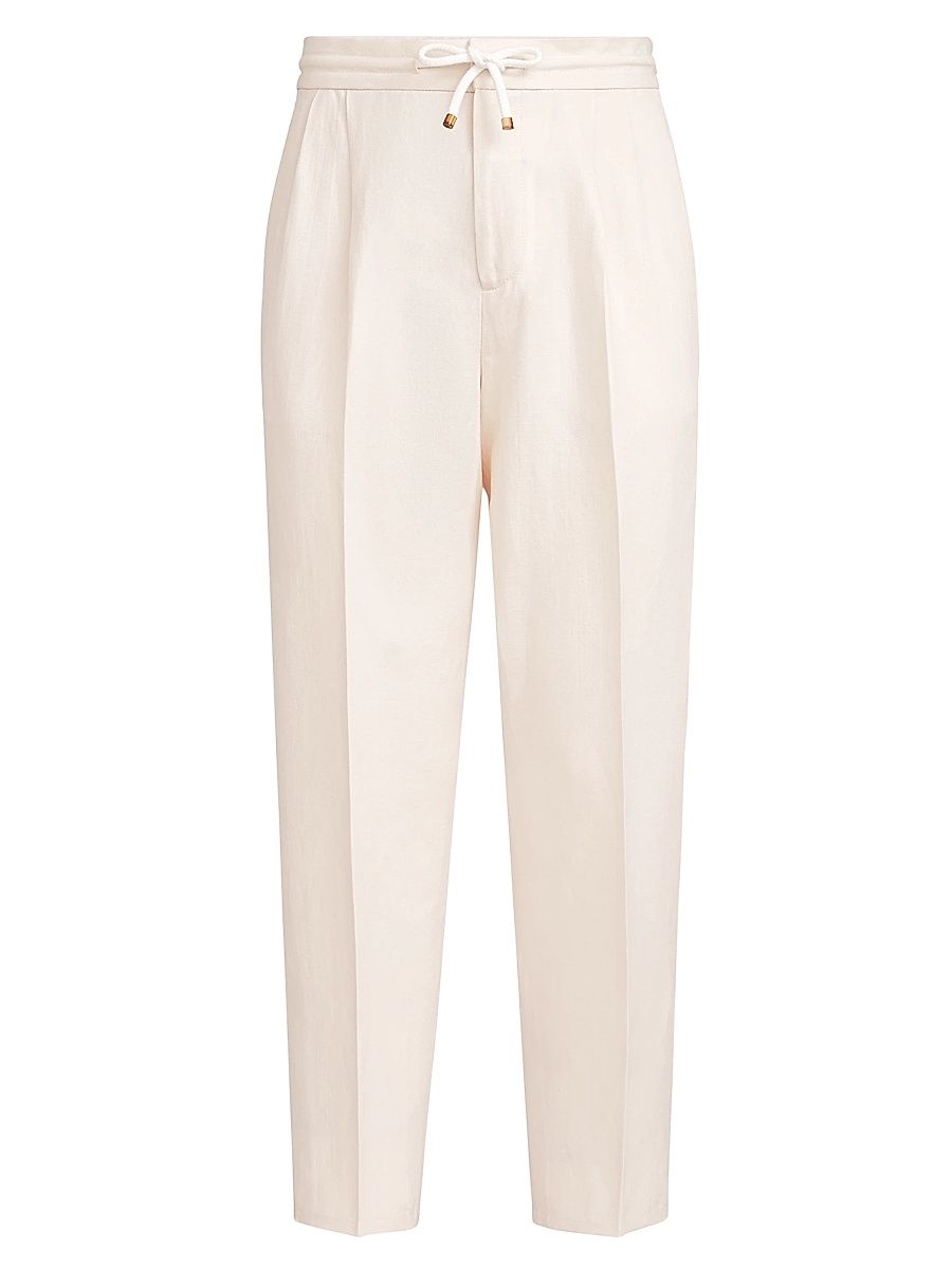 Men's Linen and Cotton Drill Trousers with Drawstring and Double Pleats - Off White - Size 48