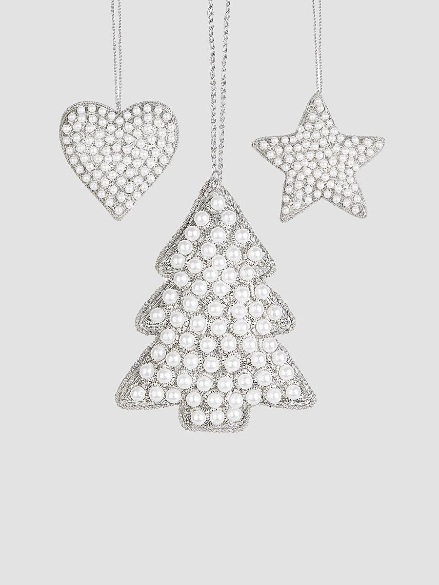 Holiday Metallic & Imitation Pearl Heart, Tree, & Star 3-Piece Ornament Set - Silver