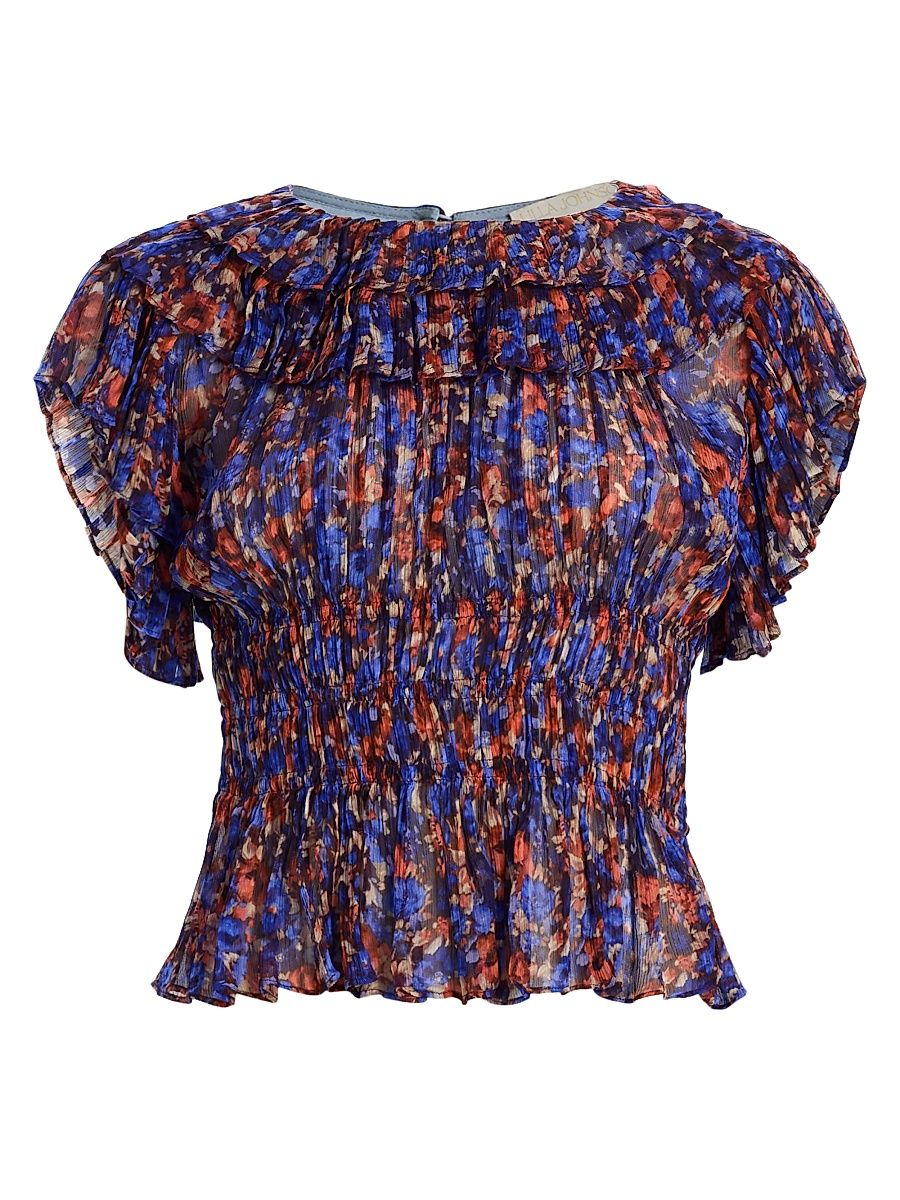 Women's Athene Printed Smocked Silk Top - Morning Glory - Size 16