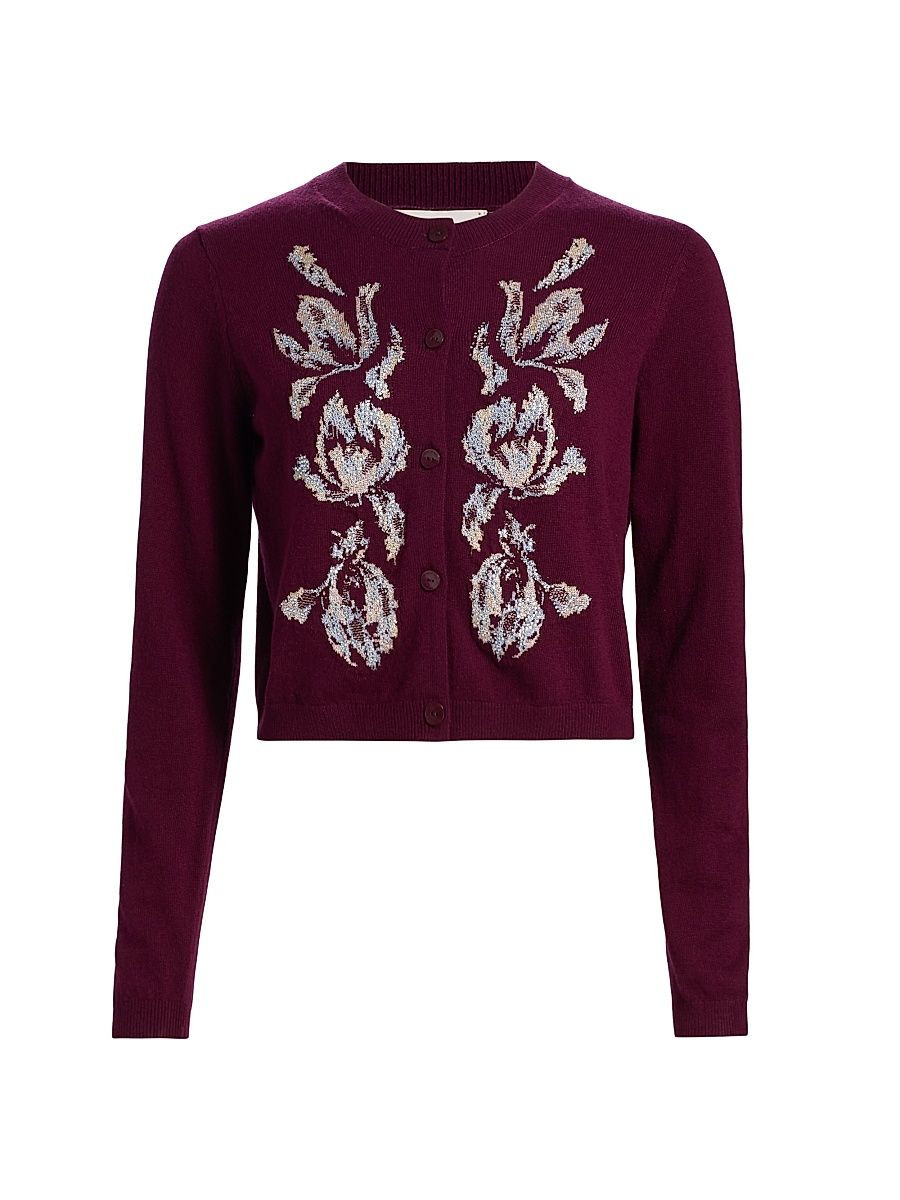 Women's Isolde Metallic Merino Wool-Blend Tulip Cardigan - Deep Plum - Size XL