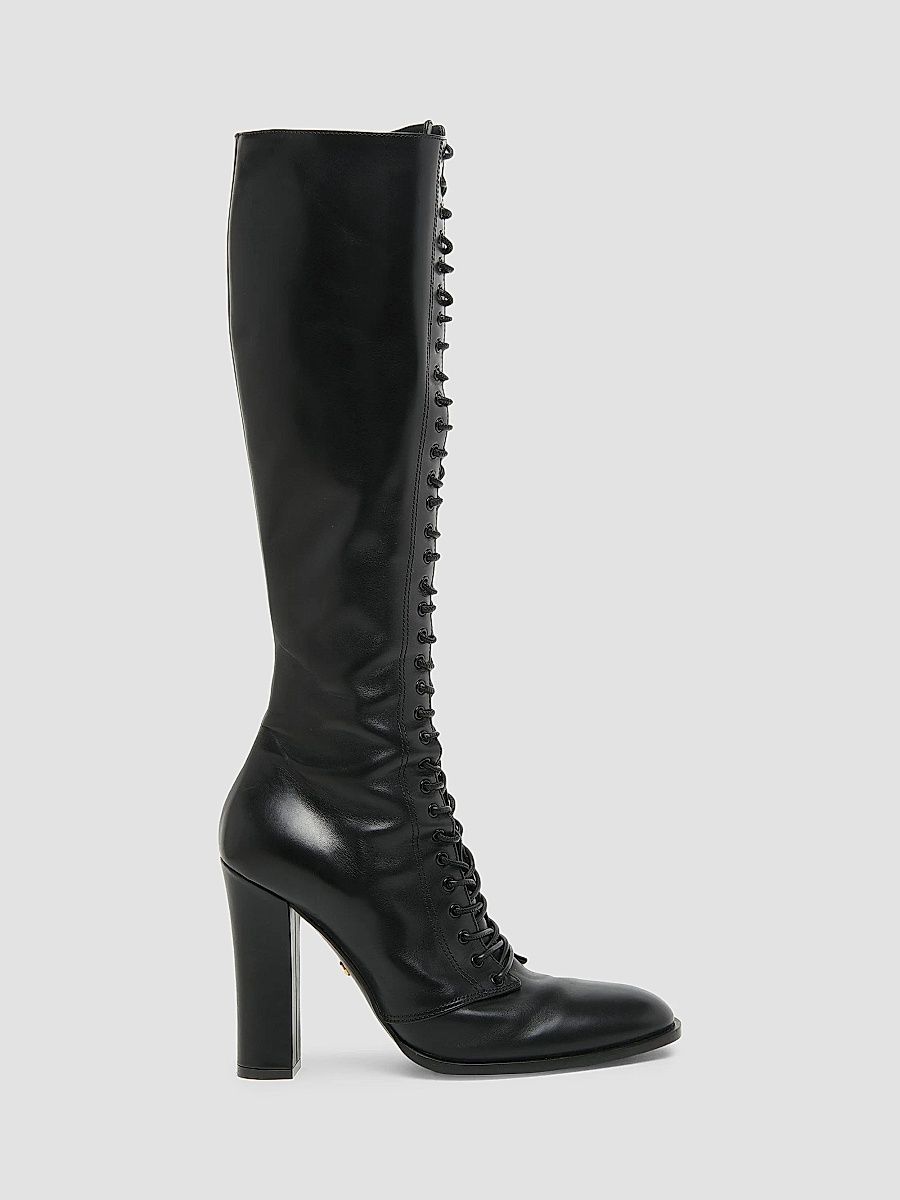 Women's Round Toe 90MM Leather Knee-High Boots - Nero - Size 5