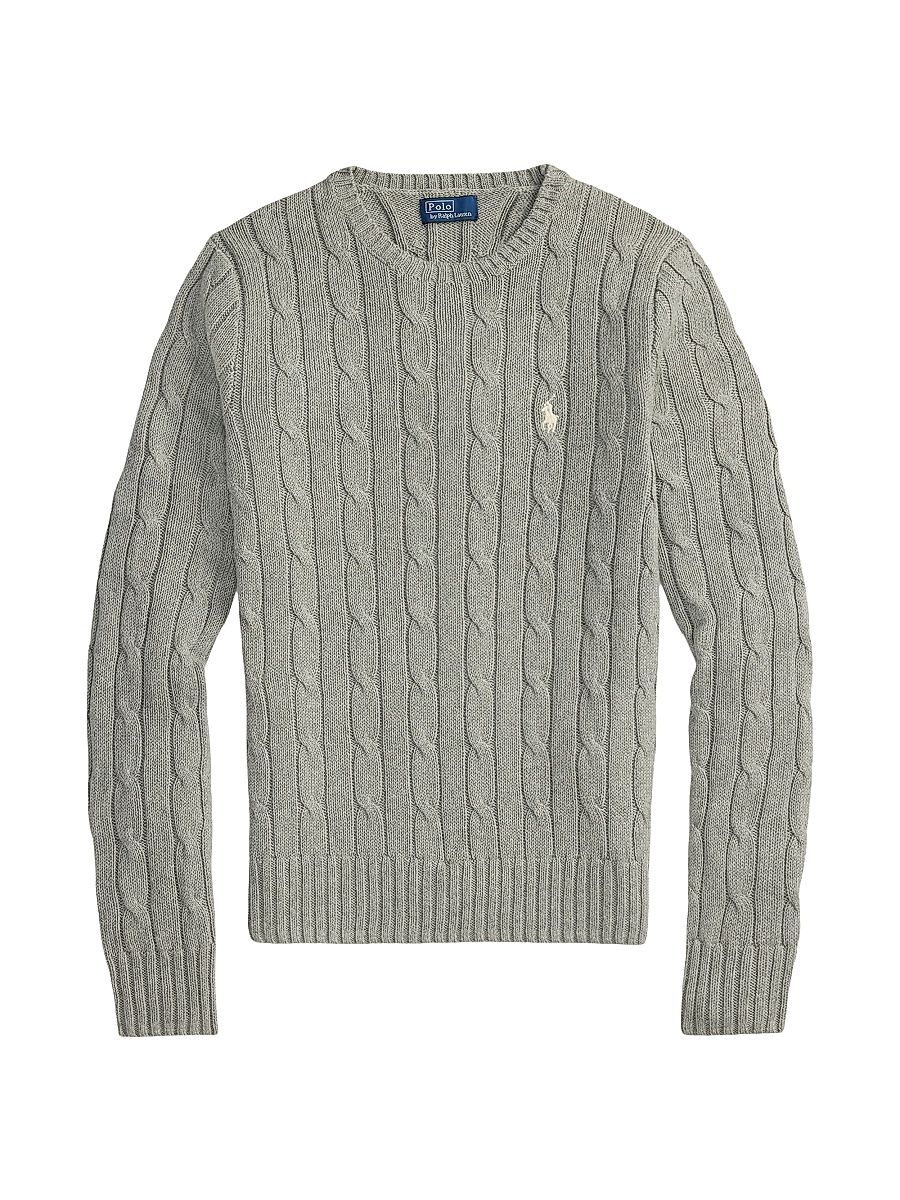 Women's Cable-Knit Cotton Crewneck Sweater - Fawn Grey Heather - Size XS