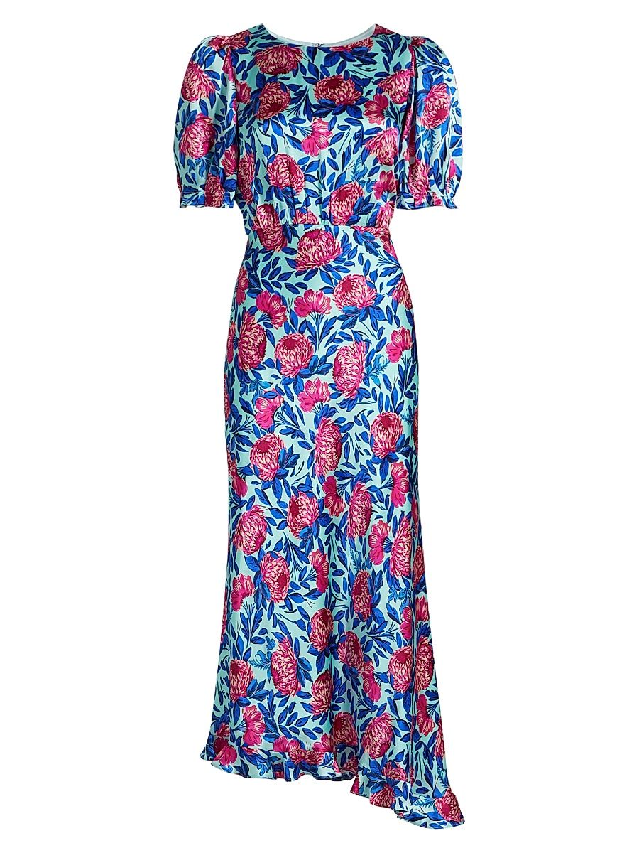 Women's Vida Floral Silk Satin Ankle Dress - Paeonia Fuchsia - Size 8