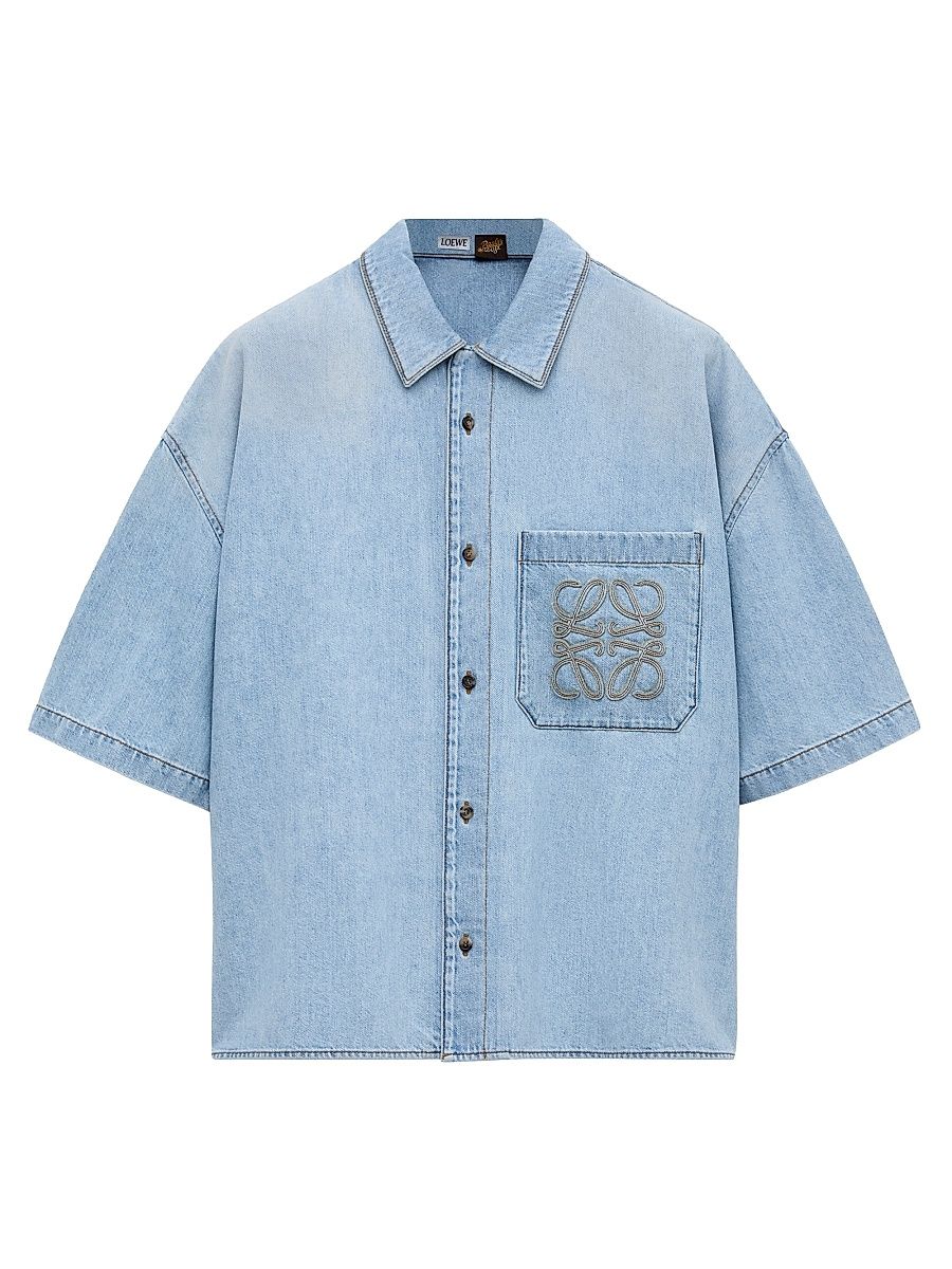 Men's LOEWE x Paula's Ibiza Anagram Denim Short-Sleeve Shirt - Washed Blue - Size 36