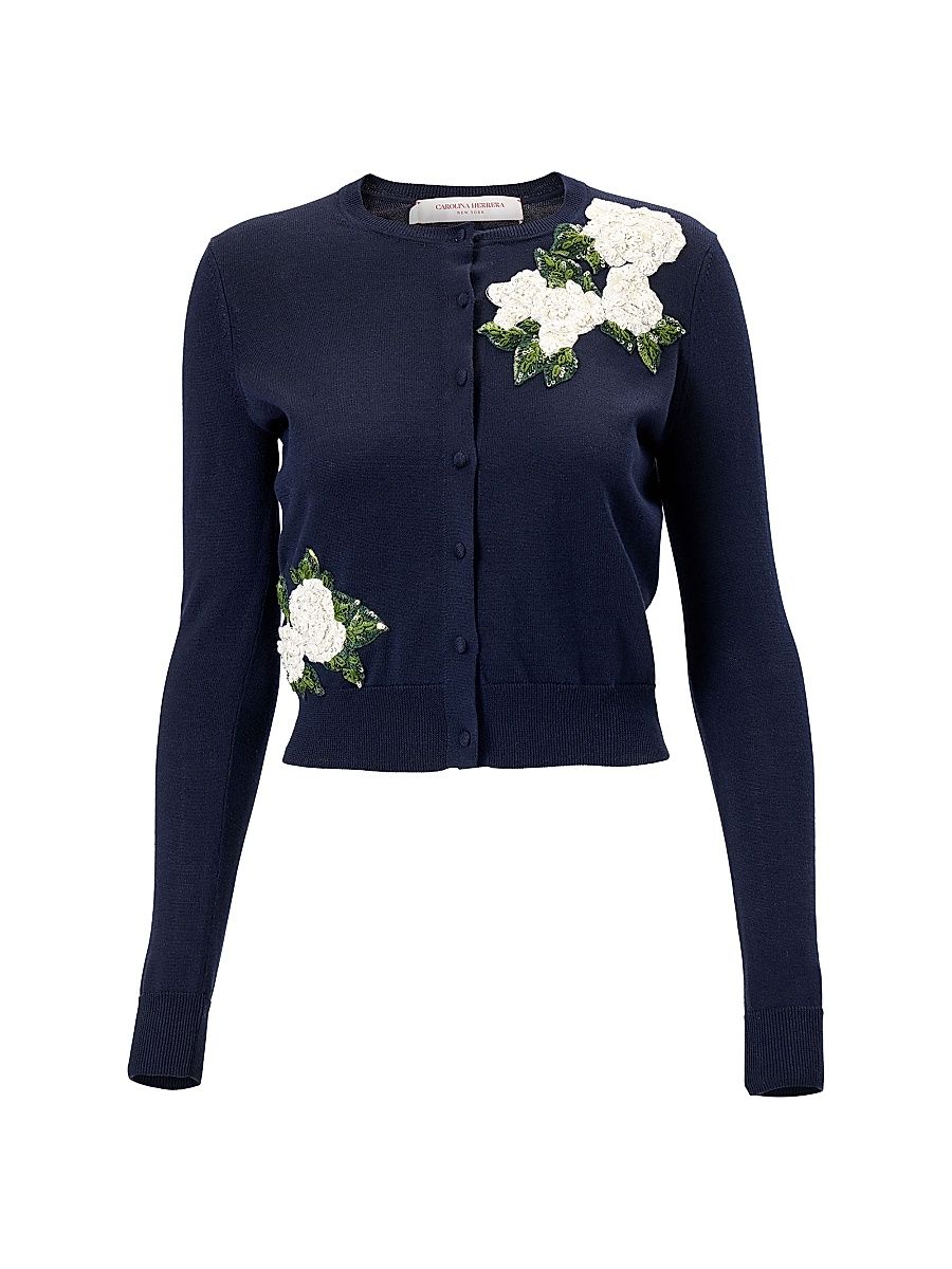 Women's Cabana Embroidered Crewneck Silk-Cotton Long-Sleeve Cardigan - Midnight - Size Large