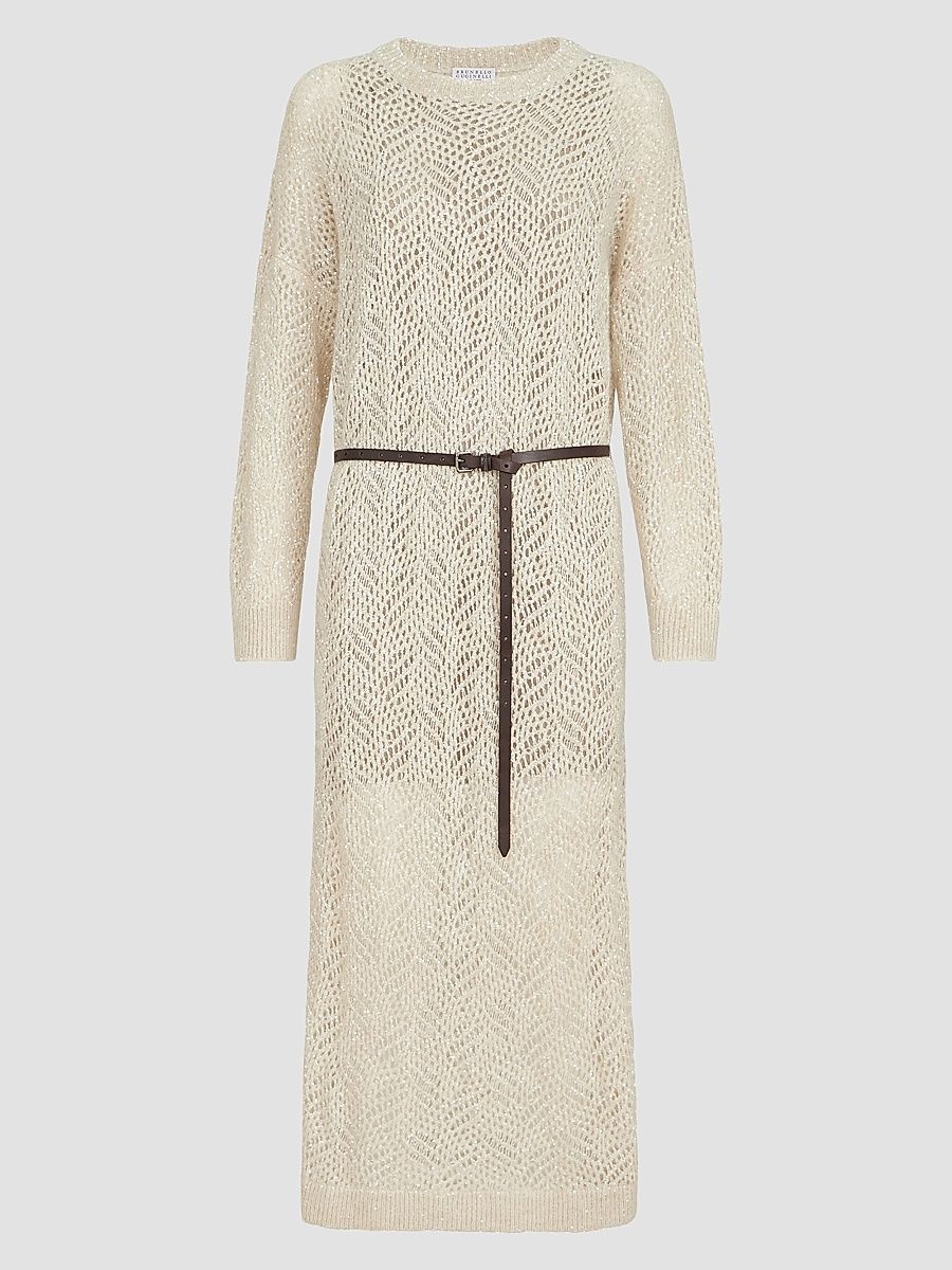 Women's Dazzling Abstract Leaf Knit Dress in Mohair and Wool - Cream - Size Medium
