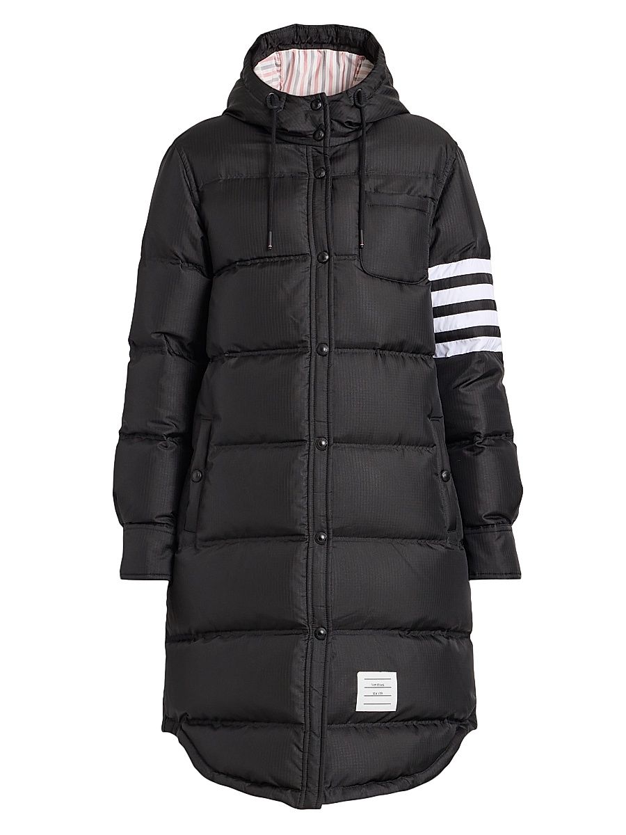 Women's Four-Stripe Hooded Down Coat - Black - Size 6