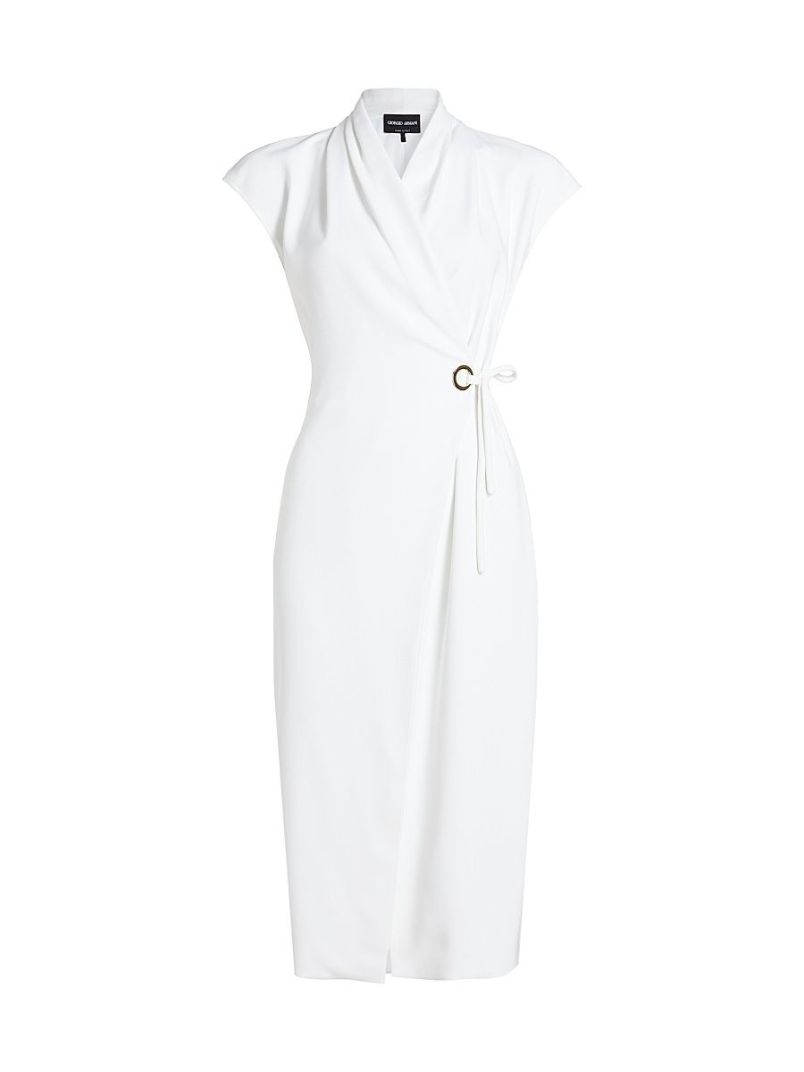 Women's Cap-Sleeve Cady Wrap Midi-Dress - White - Size 6