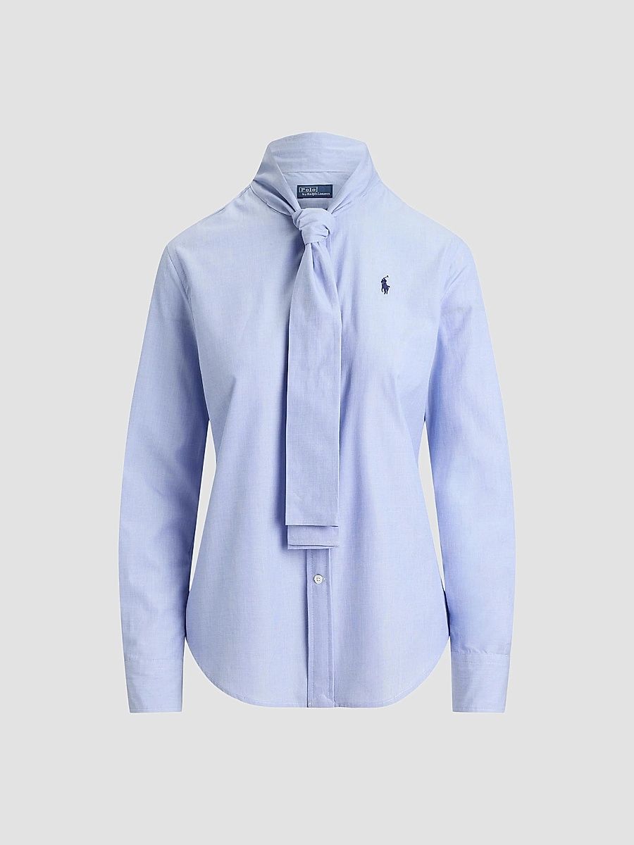 Polo Ralph Lauren Women's Poplin Tie-Neck Shirt - Medium Blue - Size 8