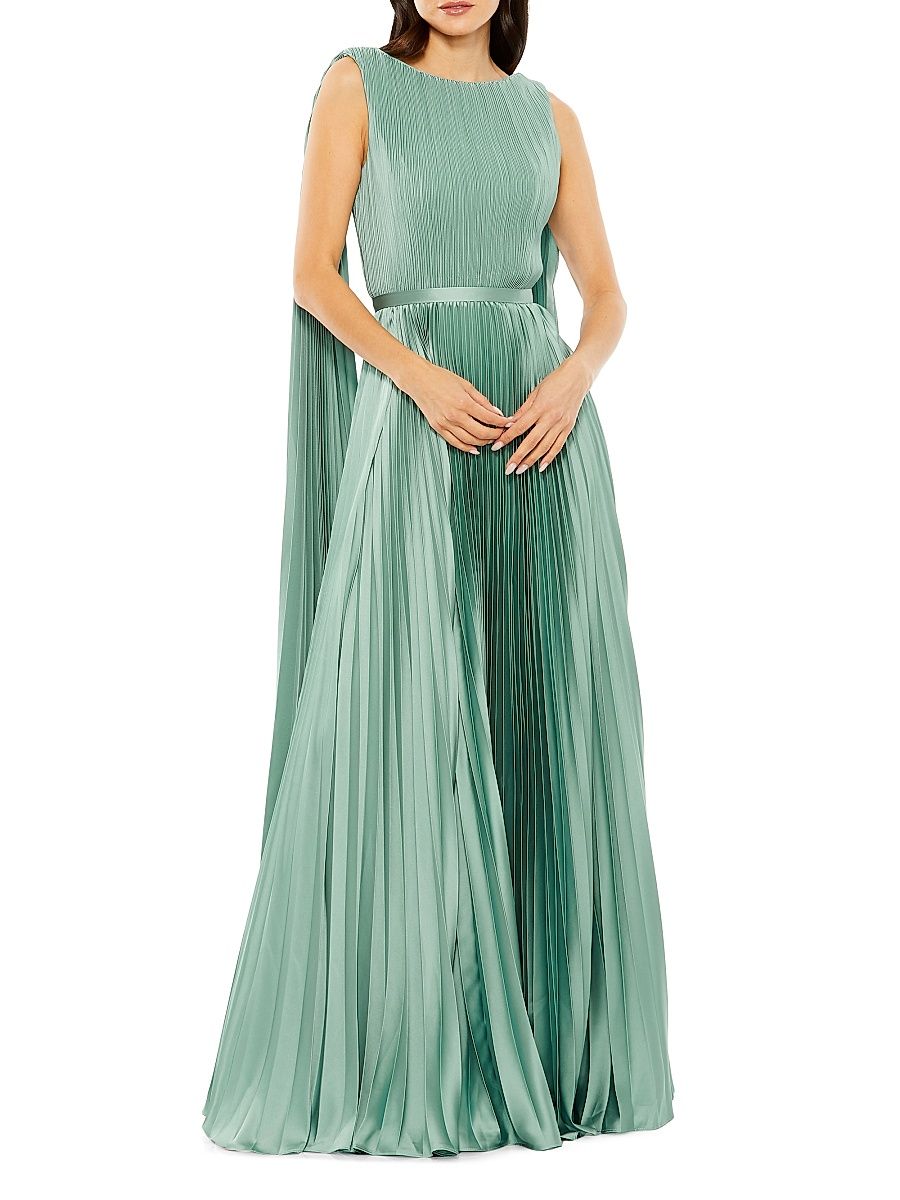 Women's Pleated Charmeuse Cape A-Line Gown - Sage - Size 16