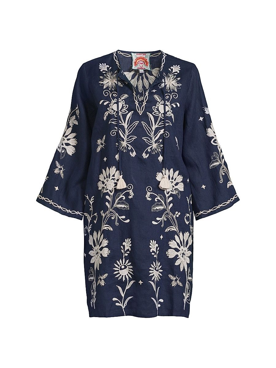 Women's Embroidered Linen Kaftan Dress - Blue Night - Size XS